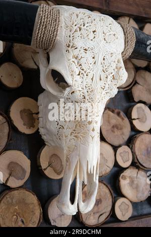 Dekorativ geschnitzter Schädel eines Longhornstiers mit Holzhintergrund Stockfoto