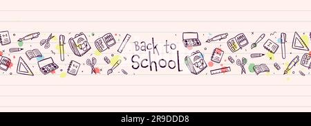 Süßes, von Hand gezogenes Nahtloses Muster, hübsches Schulzubehör, ideal für Banner, Tapeten, Verpackung – Vektordesign Stock Vektor