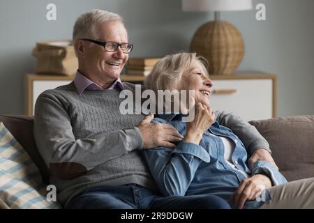 Glückliche ältere Ehepartner, die sich auf der Couch im Wohnzimmer entspannen Stockfoto