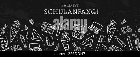 Süßes, von Hand gezogenes Nahtloses Muster mit deutschem Text „cool starts soon“, hübsches Schulzubehör, großartig für Banner, Tapeten, Umschläge Stock Vektor