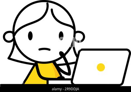 Unglückliche Frau mit Laptop, die damit beschäftigt ist, das Projekt fristgerecht zu beenden. Müder Büroangestellter. Arbeitsstress, Müdigkeit von überarbeiteter Arbeit, Angst oder Erschöpfung, er Stock Vektor