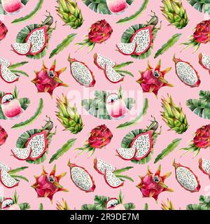 Rote Pitaya Aquarelle Drachenfrüchte und tropische Blätter nahtloses Muster mit Pitahaya-Zeichnungen auf hellrosa Stockfoto