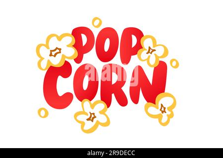 POPCORN-Logo. Popcorn-Text mit Popcorn-Snack-Symbol. Vektordarstellung Popcorn-Zeichen. Rote Farbe. Grafikdesign für Popcorn Pack. Fast Food Explodin Stock Vektor