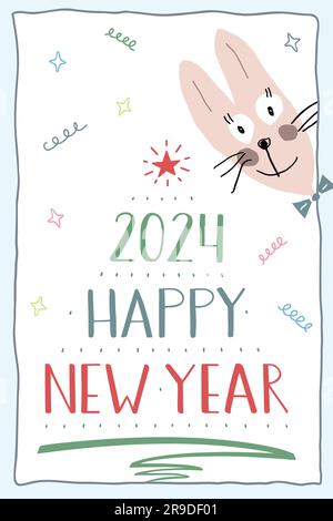 Grußkarte Zum Neujahr 2024. Süßes, lustiges Häschen sieht aus der Ecke. Schriftzug in Form eines Weihnachtsbaums. Stock Vektor
