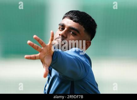 Englands Rehan Ahmed während einer Nets-Sitzung auf Lord's Cricket Ground, London. Foto: Montag, 26. Juni 2023. Stockfoto