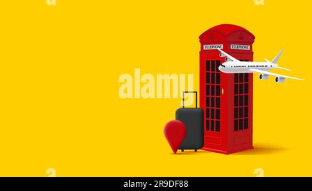 Rotes Telefon, Londoner Box mit Flugzeug und Koffer, 3D-Bild, britischer Trip Stock Vektor