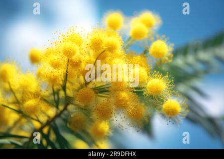 Gelbe Blüten von Akazien-Mimosabaum auf hellem sonnigen blauen Himmelshintergrund. Frühlingsferienkonzept Stockfoto