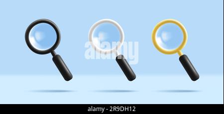 Vergrößerungsglas. Entdeckungs-, Forschungs-, Such- und Analysekonzept. Symbolgruppe für 3D-Rendervektor. Stock Vektor