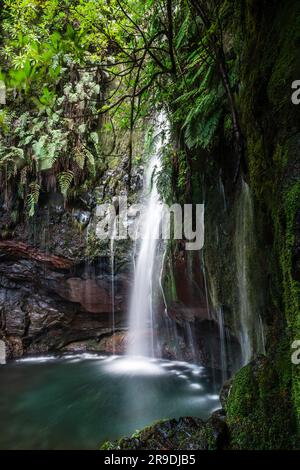 25 Fontes Wasserfall und Quellen in Rabacal, Medeira Insel Portugal. Stockfoto