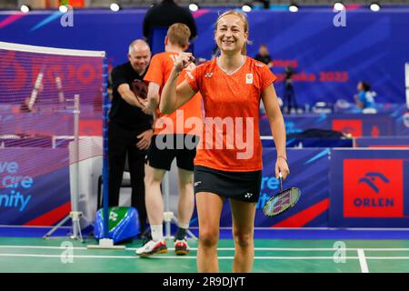 Krakau, Polen. 26. Juni 2023. KRAKAU, POLEN - JUNI 26: Robin Tabeling (Niederlande) und Selena Piek (Niederlande) treten am Tag 6 der Europaspiele am 26. Juni 2023 in Krakau (Polen) in der Badminton - Mixed Doubles Group an. (Foto: Nikola Krstic/BSR Agency) Kredit: BSR Agency/Alamy Live News Stockfoto