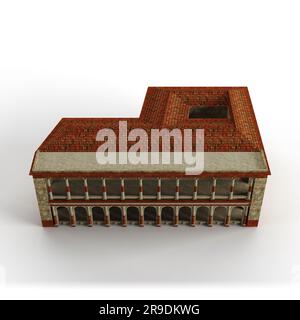 Ein 3D erstelltes großes Ziegelgebäude mit rotem Terrakottadach und Säulen auf weißem Hintergrund Stockfoto