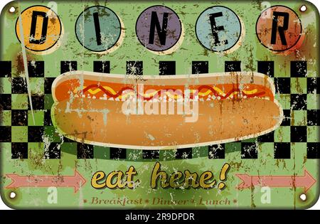 Retro american Diner-Schild mit Hot Dog, Fast-Food-Schild im Vintage-Stil, abgenutzt und verwittert, Vektoren Stock Vektor