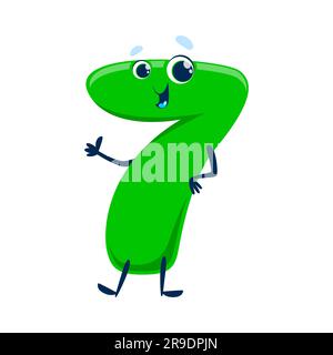 Cartoon, niedliche, lustige Figur Nummer sieben. Isolierter Vektor verspielte und charmante 7-Figur mit großen runden Augen, einem fröhlichen Lächeln und einem unverwechselbaren, sieben-förmigen Körper. Mathematisch-numerische Persönlichkeit Stock Vektor