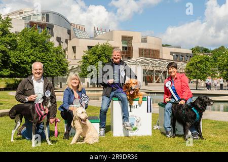 NUR REDAKTIONELLER GEBRAUCH (von links nach rechts) Joy, der Greyhound, mit Mark Ruskell MSP, Oakley, (vom Dogs Trust) Labradoodle, mit Alison Johnson MSP, Buster, dem Golden Retriever mit David Torrance MSP, Und Kura, der Flat Coated Retriever, nimmt zusammen mit Tess White MSP am diesjährigen Holyrood Dog of the Year-Wettbewerb Teil, der gemeinsam von Dogs Trust und dem Kennel Club in Edinburgh organisiert wird. Foto: Montag, 26. Juni 2023. Die Nächstplatzierten sind als Kura und Tess White bekannt gegeben worden, und auf dem dritten Platz Oakley mit Alison Johnson. Die „pawbischen“ Wahlsieger waren Freude mit Mark Ruskell. Der jährliche Wettkampf Stockfoto