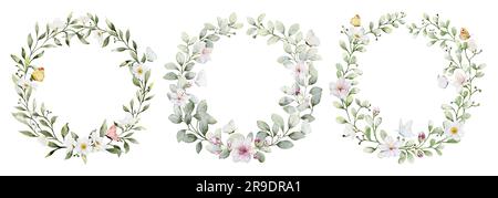 Aquarelle Kränze mit Blumen, Blättern und Schmetterlingen. Botanischer Vektor der Kollektion, isoliert auf weißem Hintergrund, geeignet für Wedding Invitati Stockfoto
