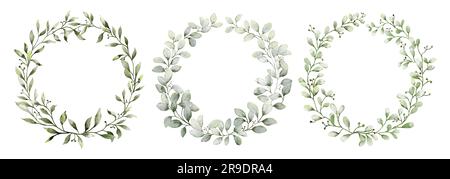 Aquarelle Kränze mit grünen Blättern. Botanischer Vektor der Sammlung isoliert auf weißem Hintergrund geeignet für Hochzeitseinladungen, Datum notieren, Stockfoto