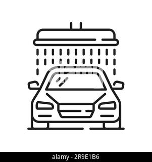 Autowaschanlage, Fahrzeug unter der Dusche, Wassertropfen, isoliertes Umriss-Symbol. Vektorwäsche an der Transportstation, Schild für Fahrzeugreinigung und -Pflege Stock Vektor