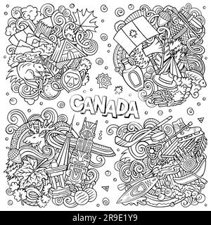 Canada Cartoon-Vektor-Doodle-Design-Set. Skizzierte, detaillierte Kompositionen mit vielen kanadischen Objekten und Symbolen. Stock Vektor