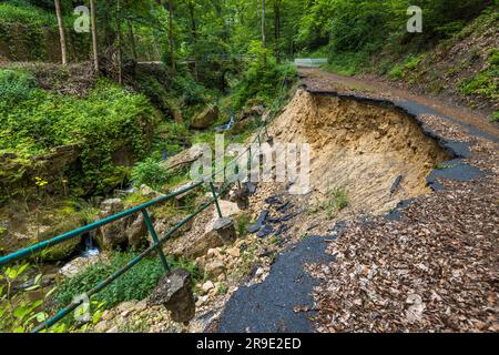 Hochwasserschäden an der Straßeninfrastruktur im Hirschgrund an der Elbe bei Schöna. Starke Regenfälle spülten eine Straße aus und rissen Teile des Weges weg. Sächsische Schweiz Stockfoto