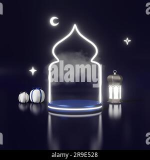 Silhouette 3D-Rendering der islamischen Silhouette im glühenden Neujahrspolster Neumondszene in Hijri. Muharram Month Ramadan – Vorlage für Produktwerbung. E Stockfoto