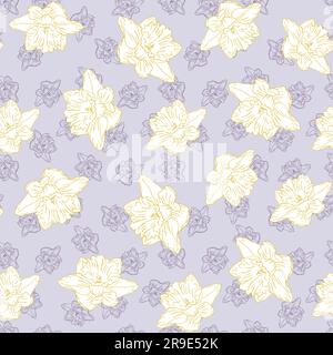 Frühlingsnarzisse Blüten nahtloses Muster Gelb und violett farbenfroher Hintergrund Stock Vektor