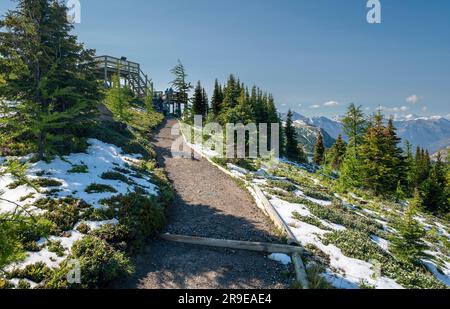 Mount Assiniboine Provincial Park, British Columbia, Kanada – 23. Juni 2023: Menschen stehen auf einer Aussichtsplattform Stockfoto