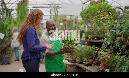 Seniorin, die jungen weiblichen Klienten in der Gartenwerkstatt hilft. Eine afroamerikanische ältere Frau, die Kunden beim Kauf von Pflanzen in einem kleinen Bus berät Stockfoto