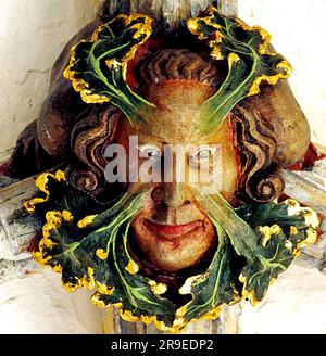 Green Man, Kloster Der Norwich Cathedral, Mittelalterlicher Roof Boss, Norfolk, England, UK Stockfoto