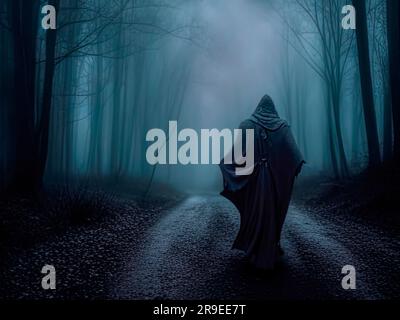 Faszinierende Figur auf einem Waldweg in einer gruseligen nebligen Vollmondnacht Stockfoto