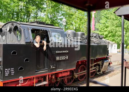 Stoker vom Dampflokomotiven-Touristenzug Molli im Bahnhof Heiligendamm spricht mit Touristen Stockfoto