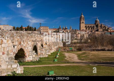 Salamanca, Spanien - 20. Februar 2022: Blick auf die Skyline von Salamanca mit Kathedrale und römischer Brücke über den Fluss Tormes, Spanien. Stockfoto