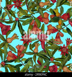 Nahtloses Muster mit Granatapfelblüten auf azurblauem Hintergrund. Stockfoto