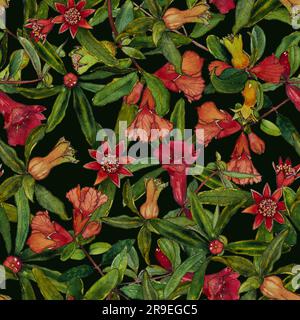 Nahtloses Muster mit Granatapfelblüten auf dunklem Hintergrund. Stockfoto