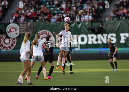 31. Mai 2023; Portland, Oregon, USA; Ein NWSL-Fußballspiel zwischen dem Angel City FC und dem Portland Thorns FC. (Foto: Al Sermeno) Stockfoto