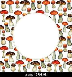 Aquarelle Waldpilze, runder Rahmen mit roten Fliegen, Amanita, Porcini, Boletus, Pilz. Grußkartenvorlage mit Platz für Text Stockfoto
