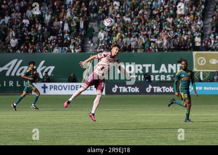 25. März 2023; Portland, Oregon, USA; MLS-Match zwischen der Los Angeles Galaxy und Portland Timbers im Providence Park. (Foto: Al Sermeno) Stockfoto