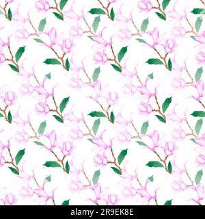 Handgezeichnete, wasserfarbene rosa Magnolienblume mit nahtlosen grünen Blättern. Isoliert auf weißem Hintergrund. Sammelalbum, Textil, Stoff, Verpackung Stockfoto
