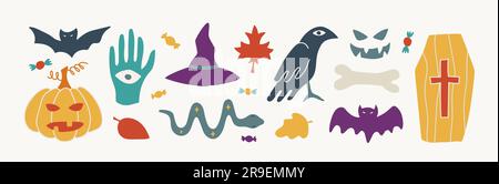 Zeitgenössische Vektorbilder zu Halloween. Handgezeichnete moderne bunte Elemente Sammlung Fledermäuse, Kürbis, Schlange, Sarg, Rabe und Süßigkeiten Stock Vektor