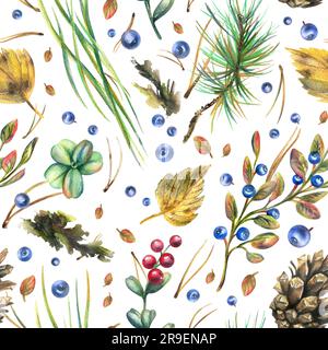 Herbstwaldpflanzen, Heidelbeeren, Preiselbeeren, Zapfen, Blätter, Piniennadeln, Moos und Gras. Aquarell, handgezeichnet. Nahtloses Muster Stockfoto