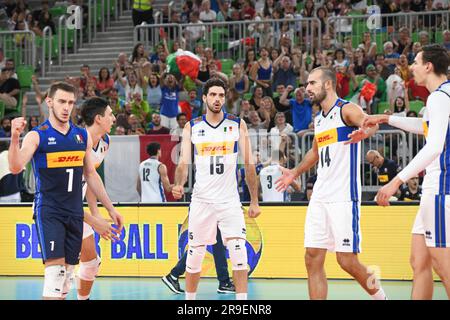 Italien feiert den Sieg über Frankreich. Volleyball-Weltmeisterschaft 2022. Stockfoto