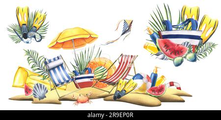 Liegestühle, Sonnenschirm, Wassermelone, Sonnencreme, Schwimmausrüstung mit tropischen Blättern auf einer sandigen Insel. Aquarell, handgezeichnet. Satz von Stockfoto