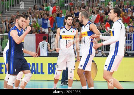 Italien feiert den Sieg über Frankreich. Volleyball-Weltmeisterschaft 2022. Stockfoto