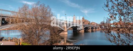 Blick auf die Skyline von Salamanca mit Kathedrale über den Fluss Tormes, Salamanca. Stockfoto