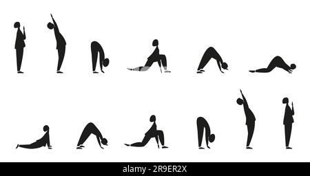 Salut an die Sonne. Leute, die Übungen machen. Yoga-Posen einstellen. Schwarze Silhouette. Vektordarstellung. Isoliert auf weißem Hintergrund Stock Vektor