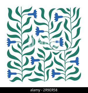 Quadratische abstrakte Blattverzierung mit blauen Blumen. Vektorbanner mit Kletterpflanze. Stock Vektor