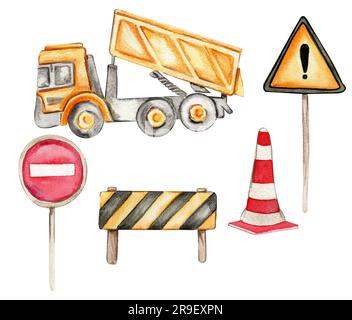 Straßenschilder und gelber Lastwagen. Handgezeichnete Aquarell-Illustration. Perfekt für Poster oder Aufkleber für Kinder. Stockfoto
