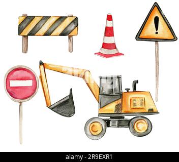 Straßenschilder und gelber Bagger. Handgezeichnete Aquarell-Illustration. Perfekt für Poster oder Aufkleber für Kinder. Stockfoto