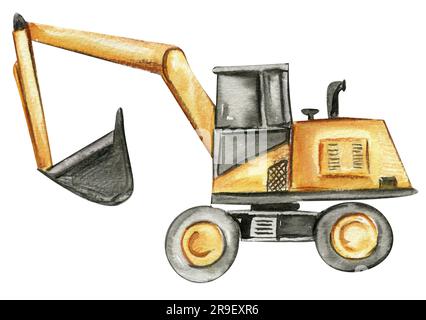 Gelber Hydraulikbagger. Handgezeichnete Aquarell-Illustration. Perfekt für Poster oder Aufkleber für Kinder. Stockfoto