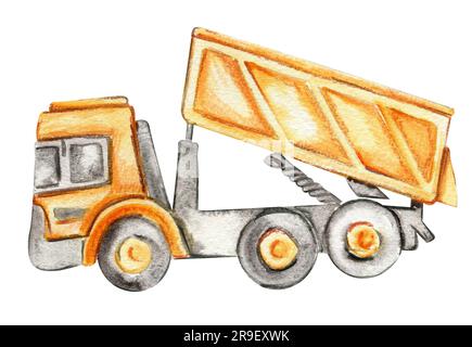 Gelber Truck. Handgezeichnete Aquarell-Illustration. Perfekt für Poster oder Aufkleber für Kinder. Stockfoto