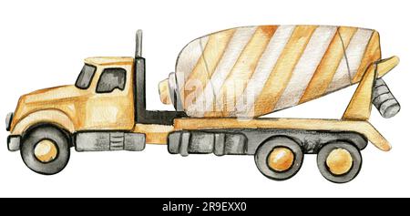 Gelber Betonmischer. Handgezeichnete Aquarell-Illustration. Perfekt für Poster oder Aufkleber für Kinder. Stockfoto